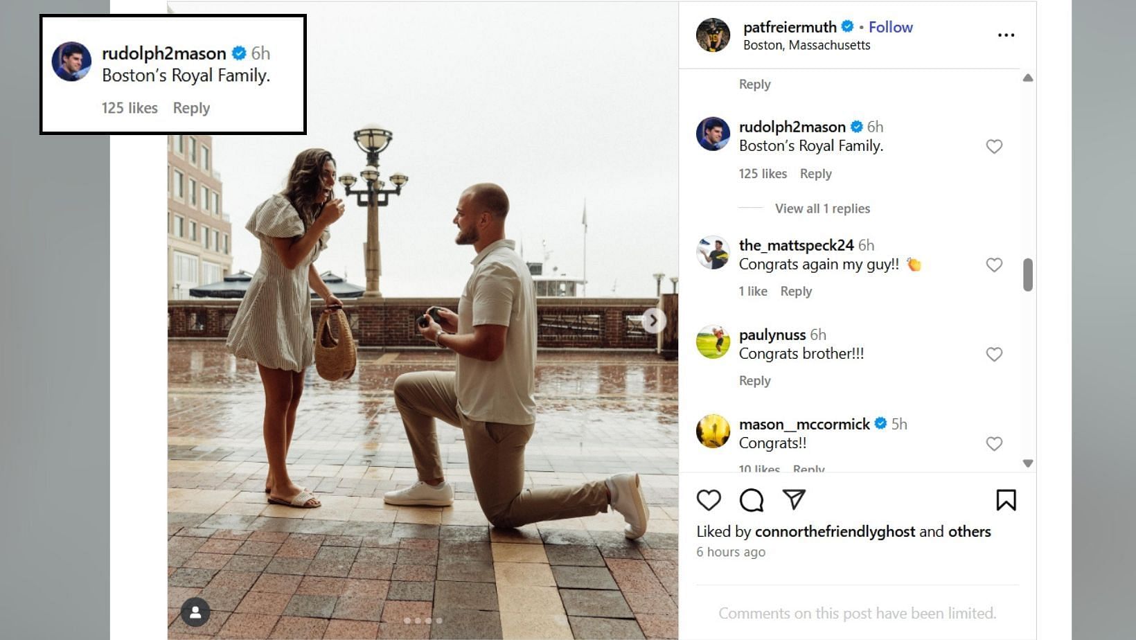 Mason Rudolph drops 3-word message on Pat Freiermuth’s engagement post (Image Credit: Freiermuth/IG)